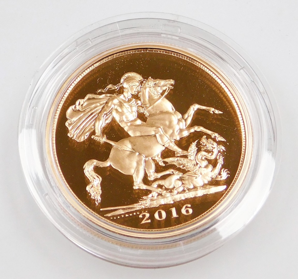 An Elizabeth II 2016 five sovereign gold coin, number 303, in fitted case, with certificate, outer b - Image 2 of 3