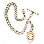 A George V silver Albert watch chain, with single sided silver cartouche shaped fob, by Henry Pope o