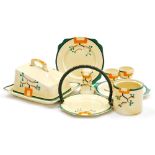 A group of Clarice Cliff Bizarre Ravel pattern wares, comprising four division egg cup stand, 16cm w