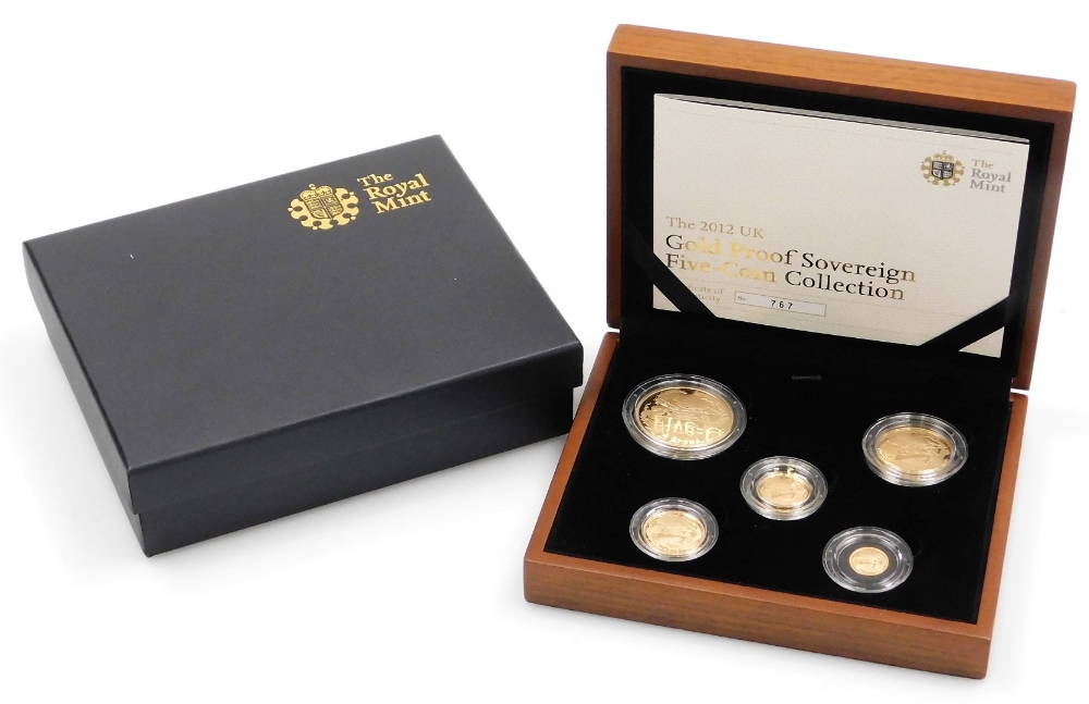 An Elizabeth II 2012 gold proof sovereign five coin collection, number 767, comprising five sovereig