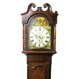 A Georgian mahogany and oak long case clock by F Johnson of Lincoln, the break arch dial painted wit