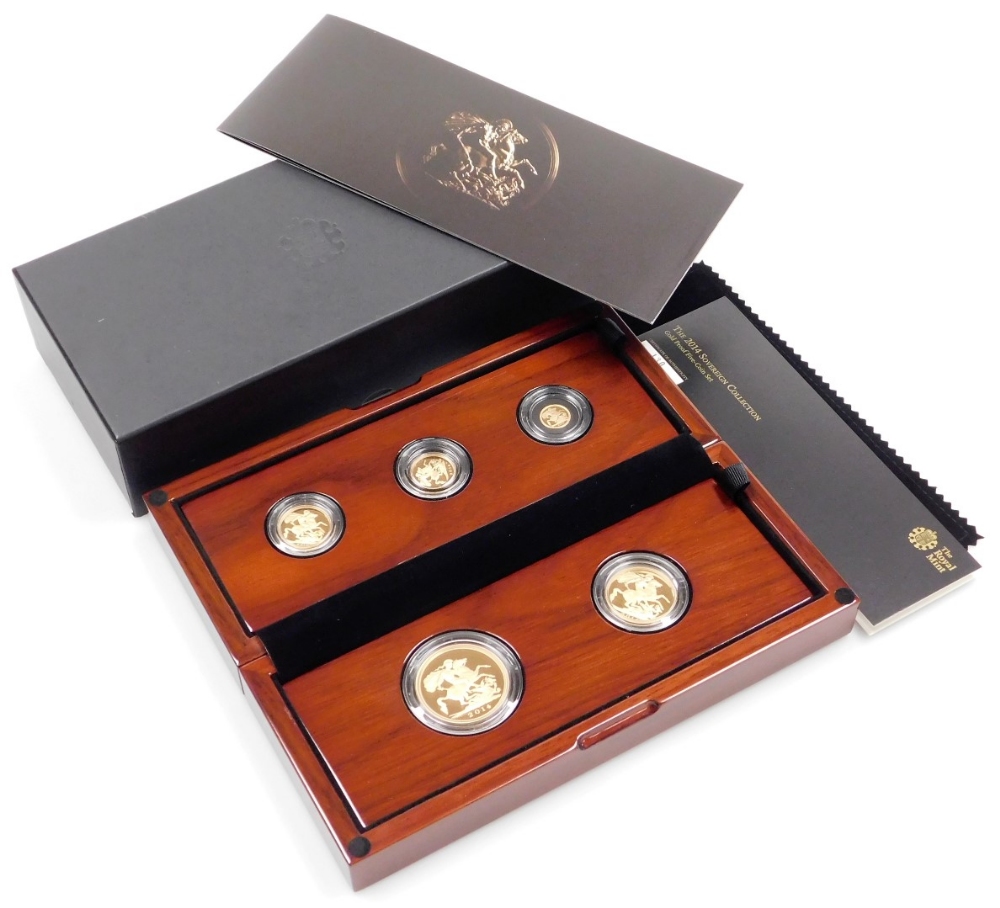 An Elizabeth II 2014 gold proof five coin sovereign set, number 130, comprising five sovereign coin,