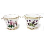 A pair of Spode Campanula porcelain jardinieres, decorated with weigela and lavender, 16.5cm high.