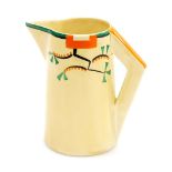 A Clarice Cliff Bizarre Ravel pattern conical jug, with sparrow beak spout and angular handle, hand