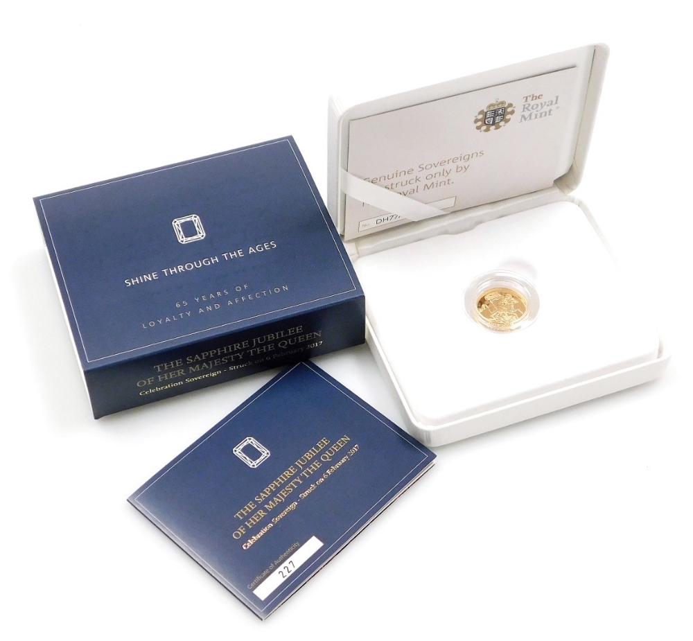 An Elizabeth II 2017 full gold sovereign, numbered 227, struck To Commemorate The Sapphire Jubilee o