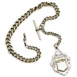 A George V silver Albert watch chain, with dog clip fastening, T bar, silver fob brackets, hallmarke