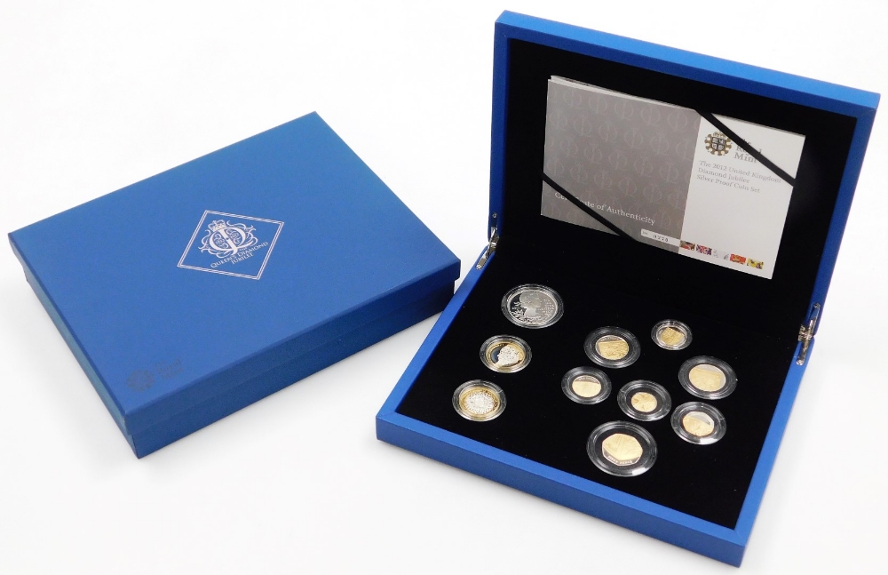 An Elizabeth II 2012 Diamond Jubilee silver proof coin set, number 770, comprising five pound diamon