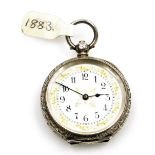 A late 19thC Swiss white metal pocket watch, open faced, key wind, the case engraved with arches, le