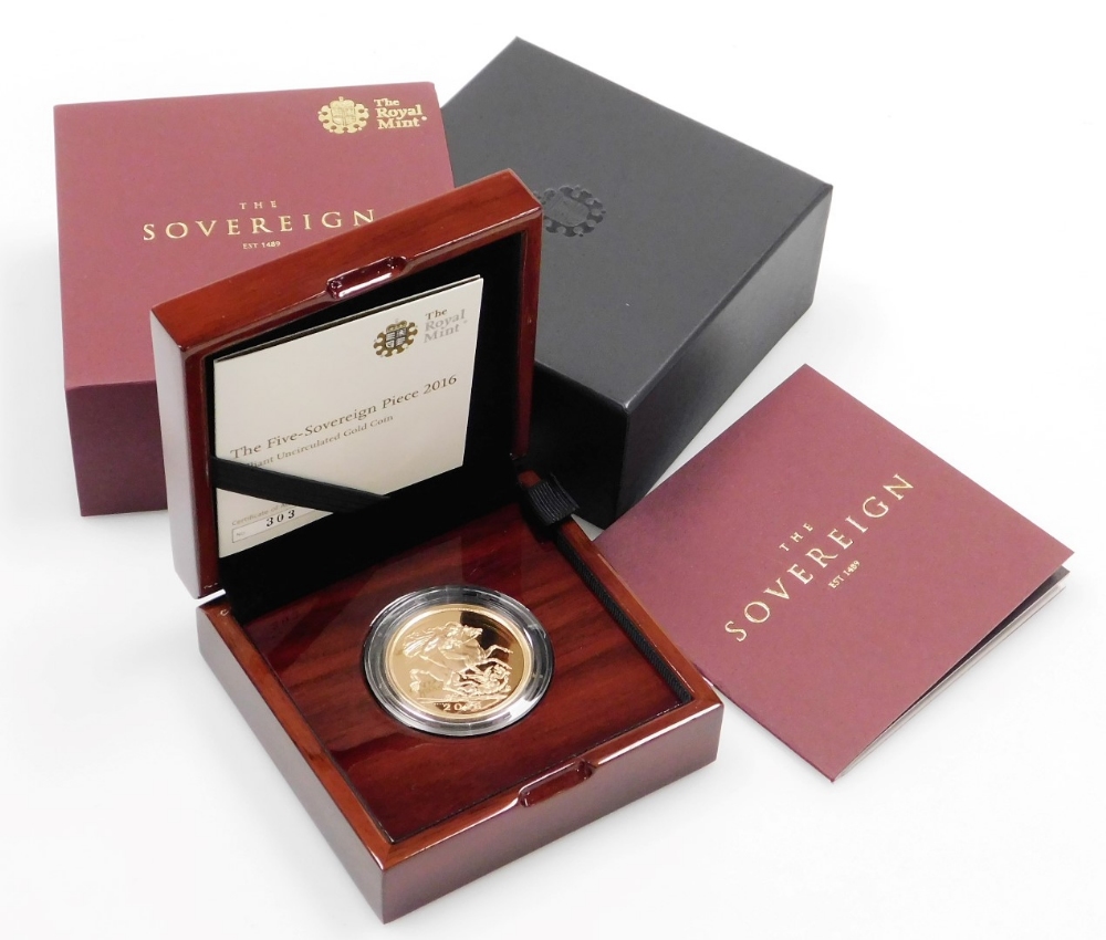 An Elizabeth II 2016 five sovereign gold coin, number 303, in fitted case, with certificate, outer b