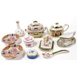 A group of Spode porcelain miniatures, including a sauce boat on stand, cheese dish and cover, pair