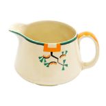 A Clarice Cliff Bizarre Ravel pattern jug, hand painted with an abstract design in green, orange and