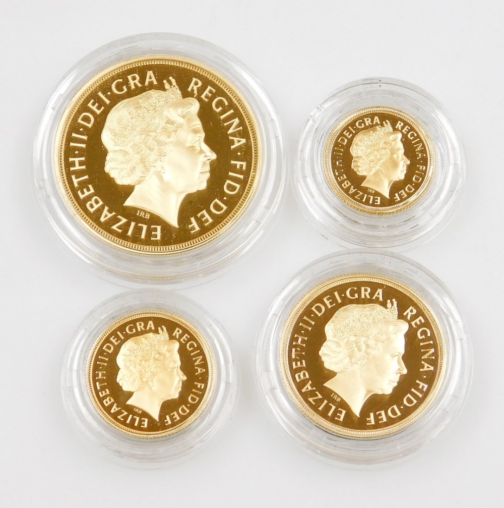 An Elizabeth II 2002 gold proof four coin sovereign collection, number 185, comprising five pound co - Image 3 of 3