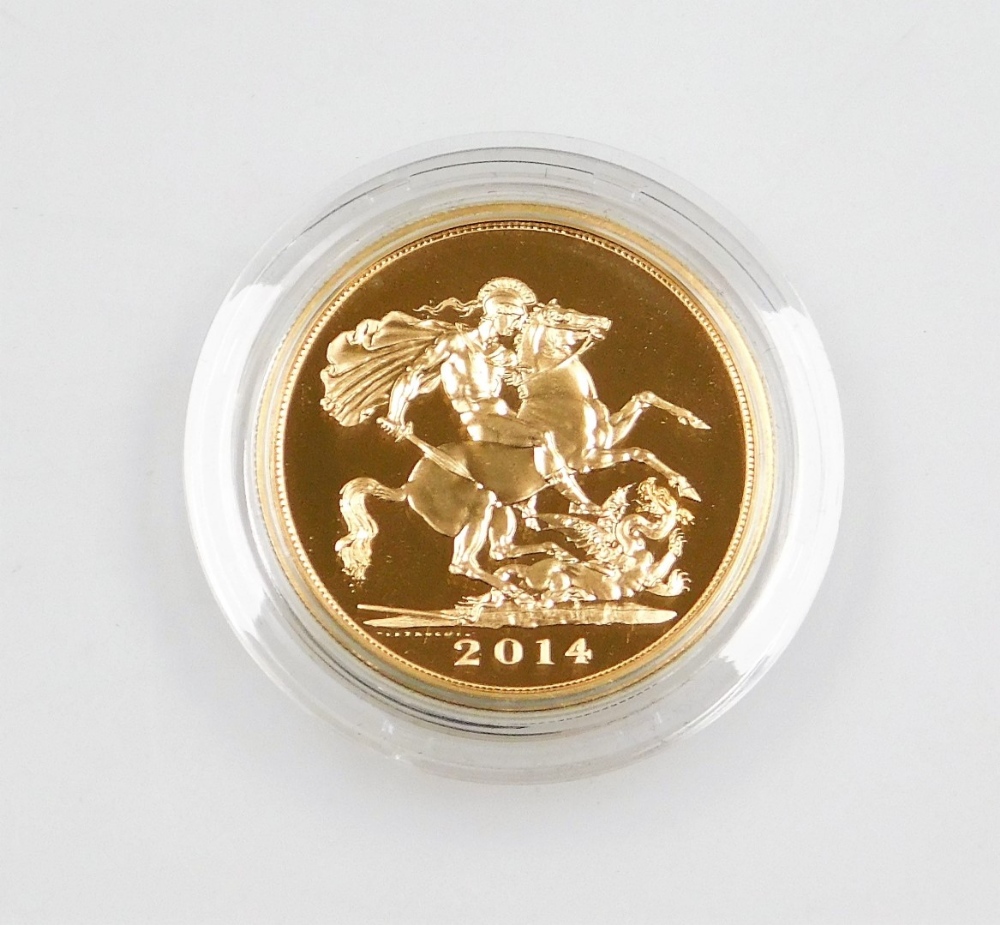 An Elizabeth II 2014 five sovereign gold coin, numbered 114, 39.94g, in fitted box with certificates - Image 2 of 3