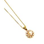 An 18ct gold pearl and diamond cluster pendant, with central cultured pearl surrounded by tiny diamo