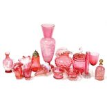 A group of Victorian and later cranberry glass, to include jar and cover, 17cm high, glass, 12cm hig