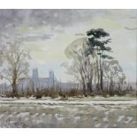 20thC British School. Winter landscape with cathedral in background, watercolour on paper, indistinc