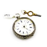 A late 19thC Swiss white metal pocket watch, open faced, key wind, decorated with leaves, flower hea