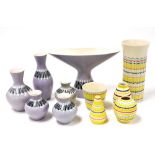 A group of Hornsea ceramics, to include a cylindrical vase, decorated in bands of yellow, blue, red