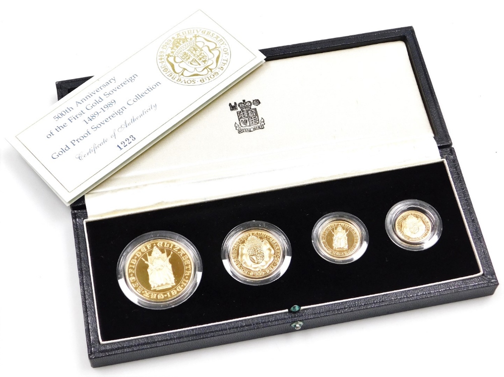 An Elizabeth II 1989 gold proof sovereign collection, to commemorate the 500th anniversary of the fi