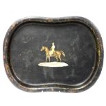 A Victorian painted toleware tray, decorated with a figure on horseback, 36cm wide.