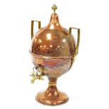 A Victorian copper and brass tea urn, of twin handled globular form, 50cm high.