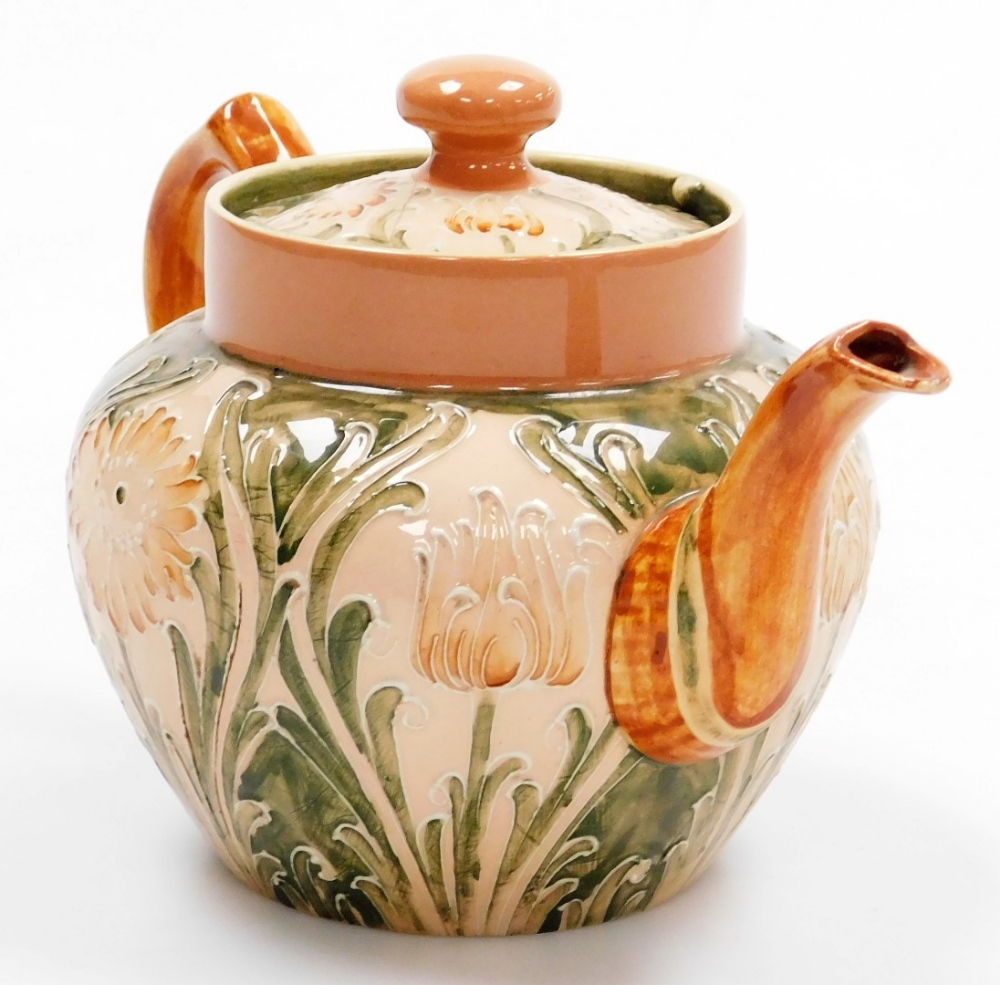 A Moorcroft Macintyre and Co Florian ware bachelor's teapot and cover, of bullet shaped form, decora - Image 2 of 6