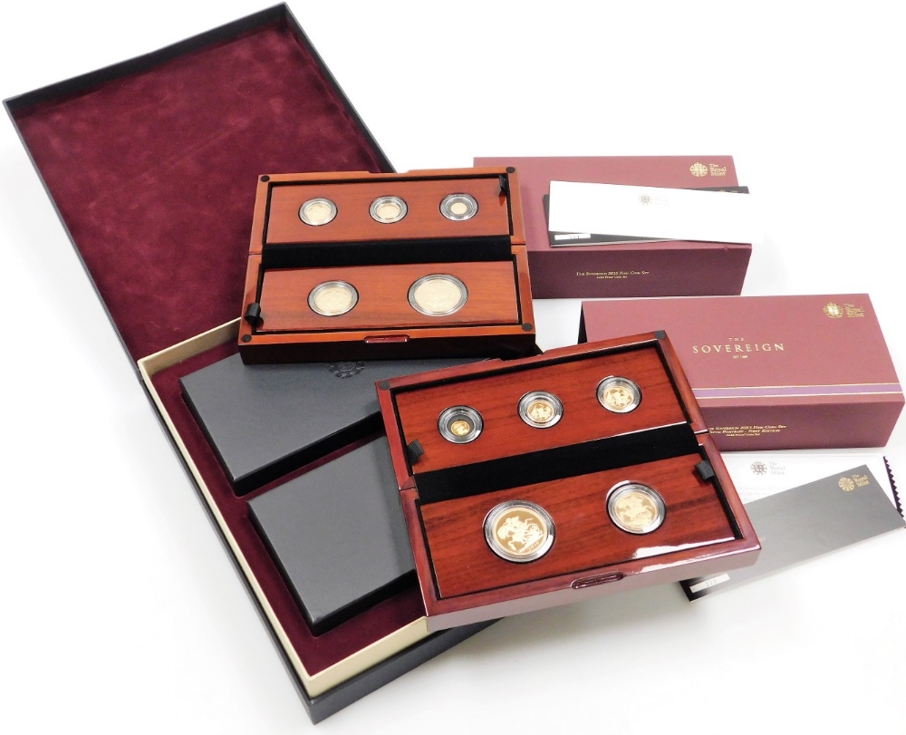 Two Elizabeth II 2015 gold sovereign five coin sets, to commemorate the fourth and fifth portrait co