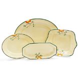 A group of Clarice Cliff Bizarre Ravel pattern wares, comprising meat plate, 41.5cm wide, oval dish,