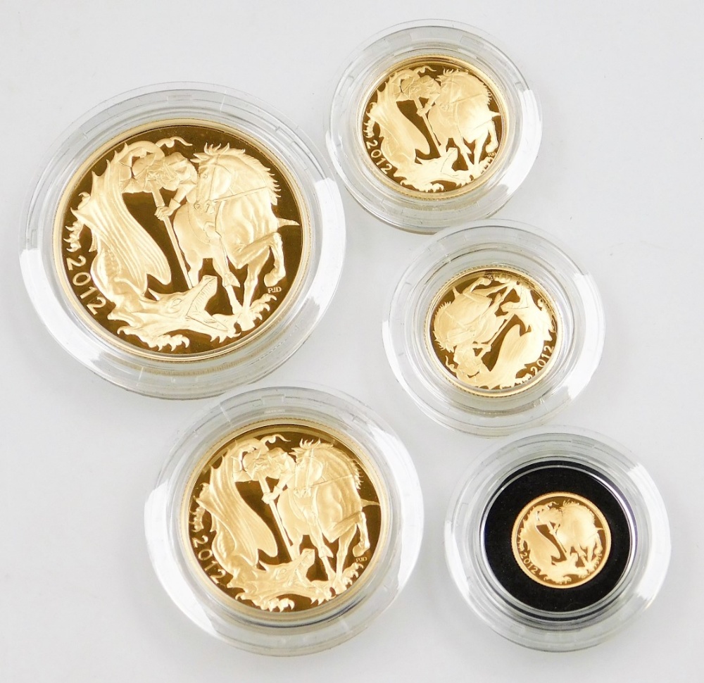 An Elizabeth II 2012 gold proof sovereign five coin collection, number 767, comprising five sovereig - Image 2 of 3