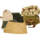 A Brady canvas fishing bag, a further canvas and leather fishing bag, a green fishing hat, etc. (1 b