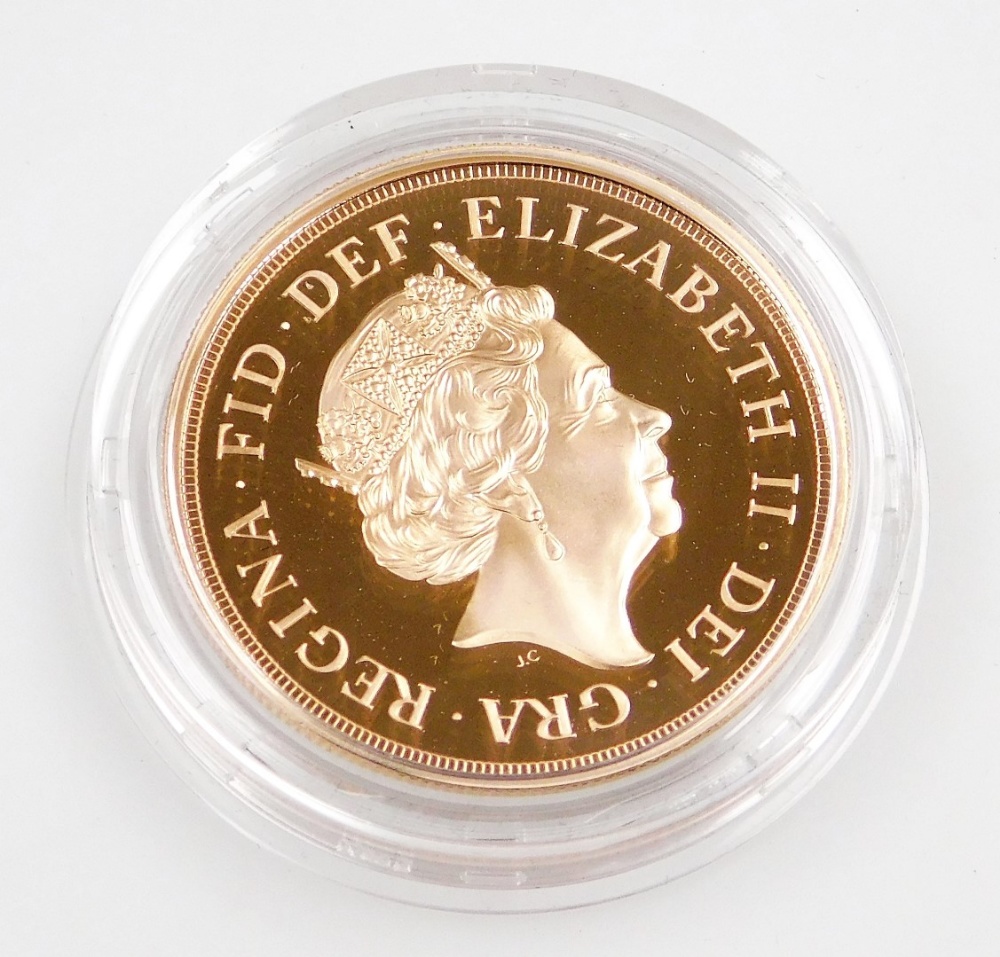 An Elizabeth II 2016 five sovereign gold coin, number 303, in fitted case, with certificate, outer b - Image 3 of 3