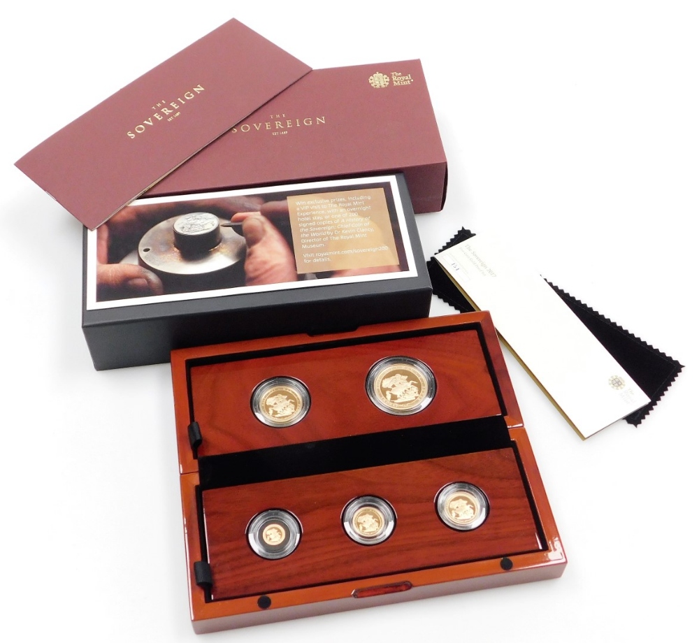 A 2017 sovereign five coin gold proof set, number 454, comprising five sovereign piece, double sover