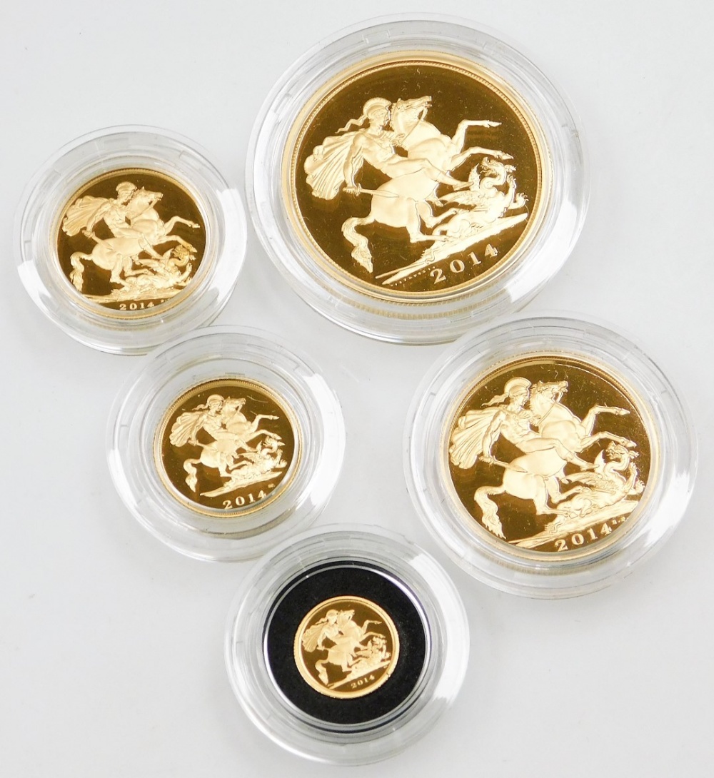 An Elizabeth II 2014 gold proof five coin sovereign set, number 130, comprising five sovereign coin, - Image 2 of 3