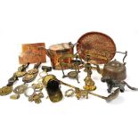 Victorian and later copper and brass ware, including horse brasses, watering can, ladle and candlest