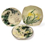 Nick Chapman (b.1954). Three studio pottery dishes, decorated with water lillies, 23.5cm wide, a fla