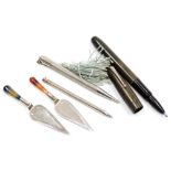 A vintage biro, Life-Long chrome propelling pencil, further propelling pencil, and two trowel form p