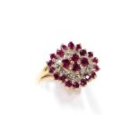 A 9ct gold cluster ring, the cluster with garnet and cz stones, in a raised basket setting, ring siz