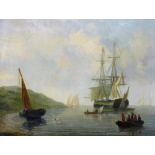 19thC British School. Seascape with two masted ship, fishing boat, etc., oil on canvas, unsigned, 35