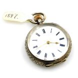 A late 19thC Swiss pocket watch, open faced, key wind, in a white metal case, engraved with scrolls