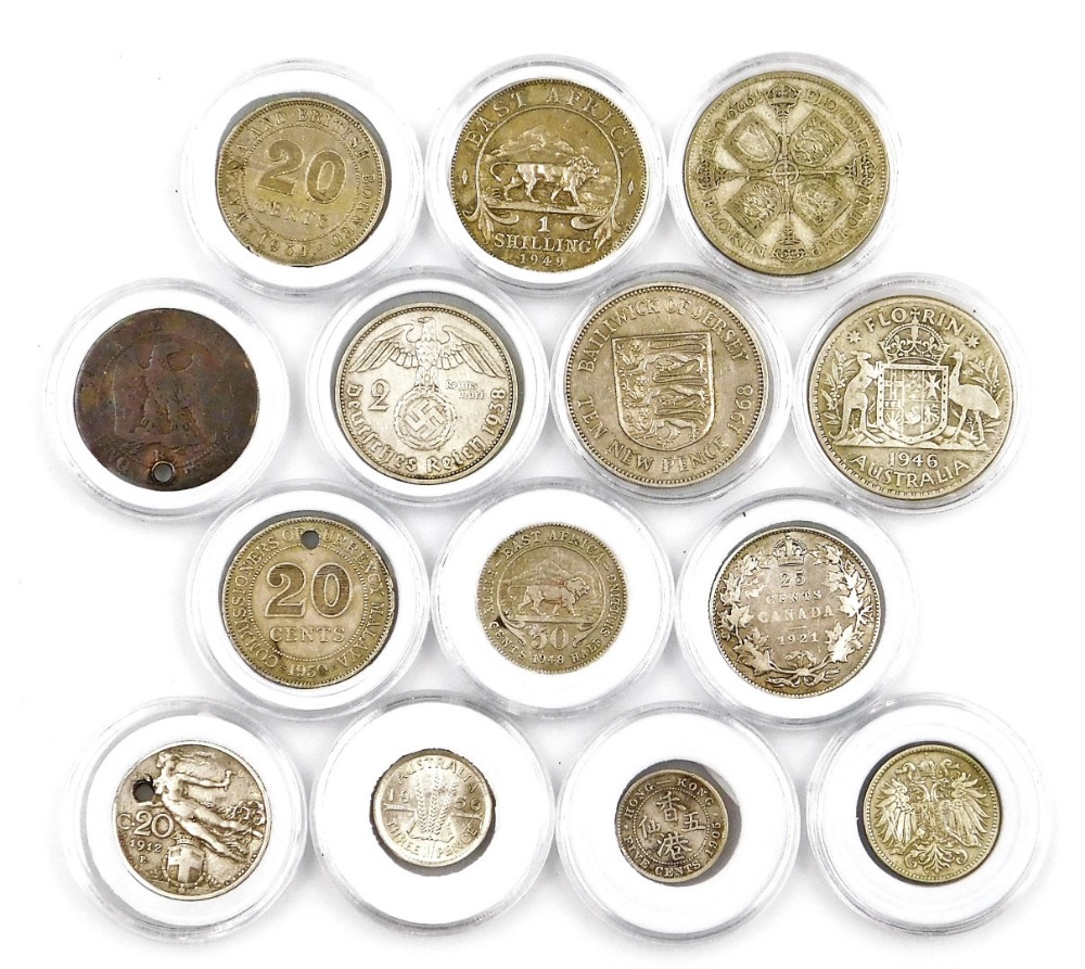 A group of ostensibly foreign coins, to include a 1915 ten pfennig, a 1938 two Reichsmark, a 1948 Ea