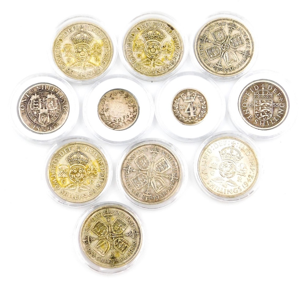 A group of British coins, to include George V and VI florins for 1931, 1933, 1936, 1942, 1938, 1937,