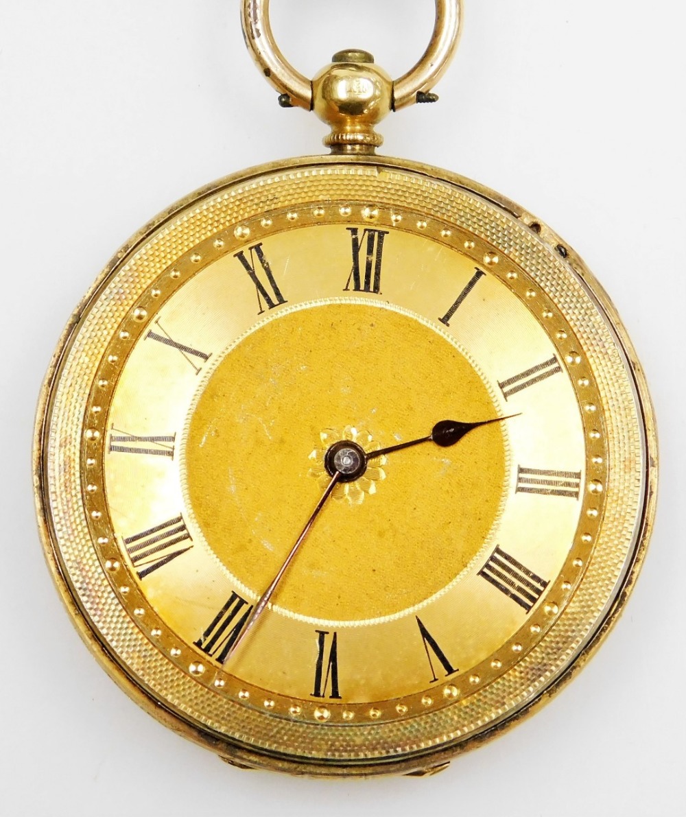 An 18ct gold pocket watch, with a floral hammered dial, and Roman numeric outer dial with black hand - Image 2 of 4