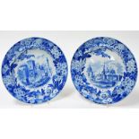 A pair of early 19th Don pottery blue and white Italian Views plates, comprising the Obelisque at Ca