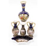 A group of 19thC Bohemian porcelain, comprising a pair of miniature two handled vases, depicting hor