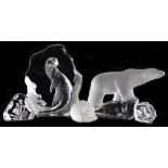 A clear and frosted glass figure of a polar bear, Scandinavian cameo glass of an otter, two cameo sc