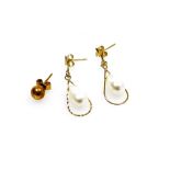 A pair of 9ct gold cultured pearl drop earrings, each pearl in a basket setting with fleur de lys to