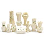 A group of Belleek porcelain decorated in the Shamrock pattern, various back stamps, including a vas