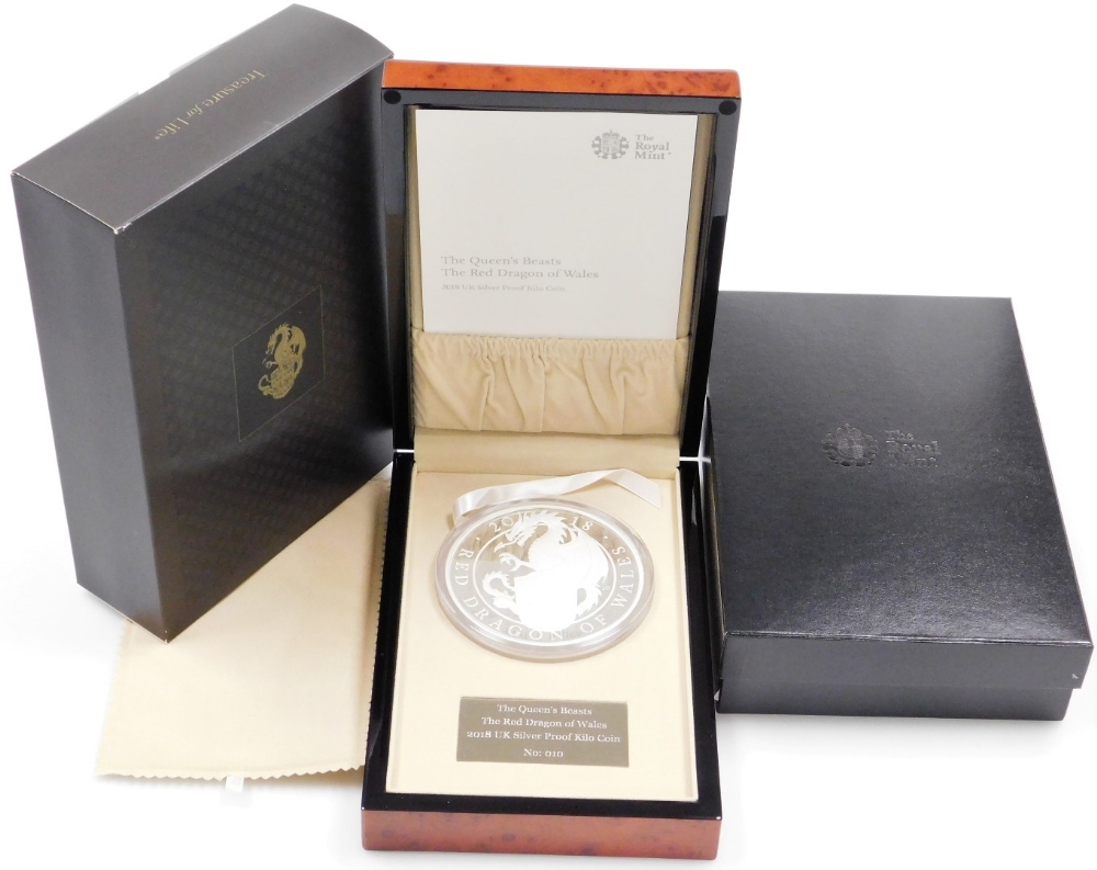 An Elizabeth II 2018 silver proof kilo coin, number 10, part of the Queen's Beasts range, The Red Dr