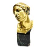 A late 19thC Continental polished bronzed bust of a lady, signed indistinctly, on a marble cube plin