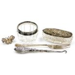 A group of small silver, to include a George V cut glass open salt with silver collar, London 1920,